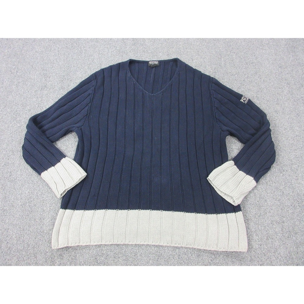 Vintage Polo Ralph Lauren Sweater Women Large Navy Blue White V Neck Chunky Knit